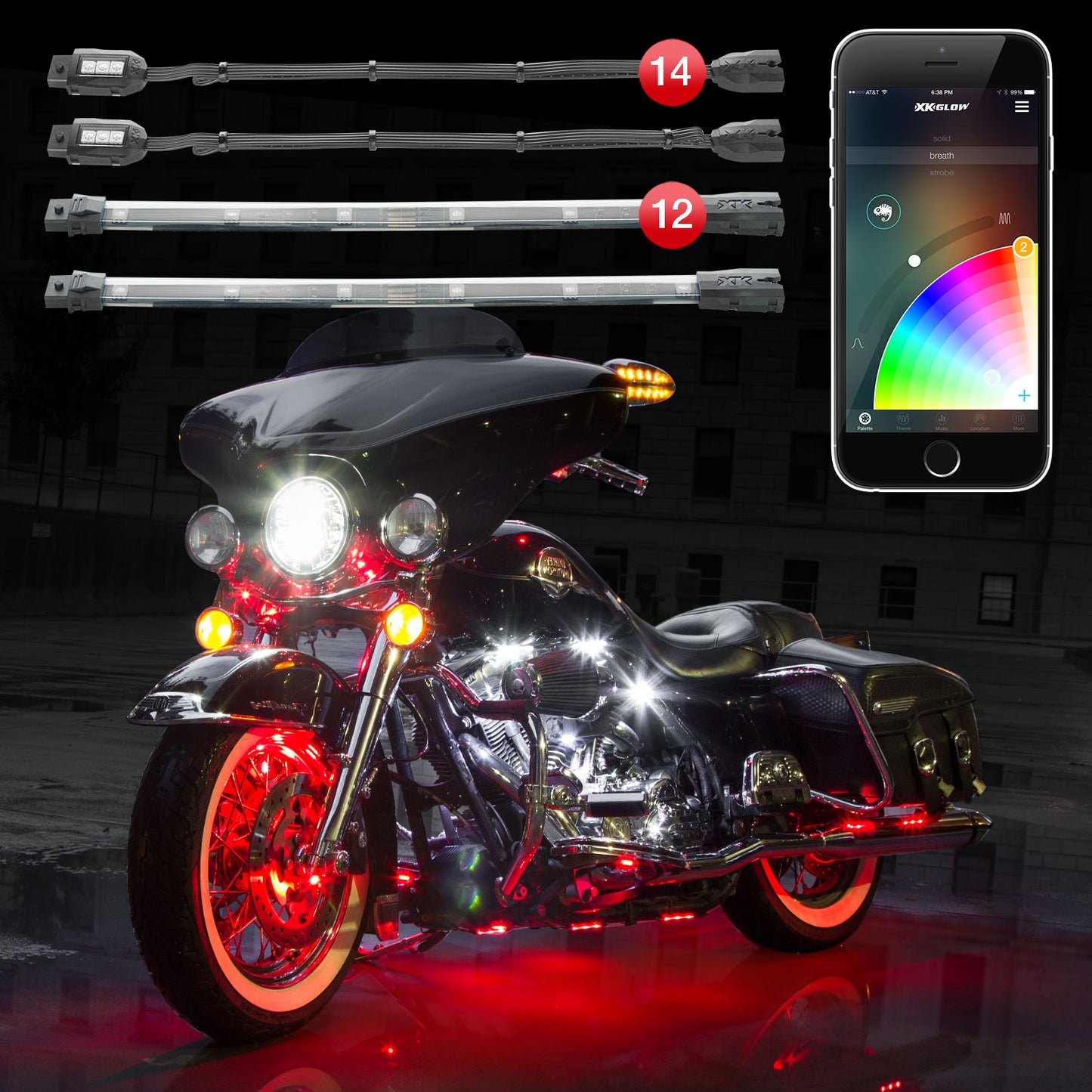 XKGLOW KS-Moto-Pro 14xPod + 12x10 Strip Million Color XKCHROME Smartphone App Controlled ATV/Motorcycle LED Accent Light Kit